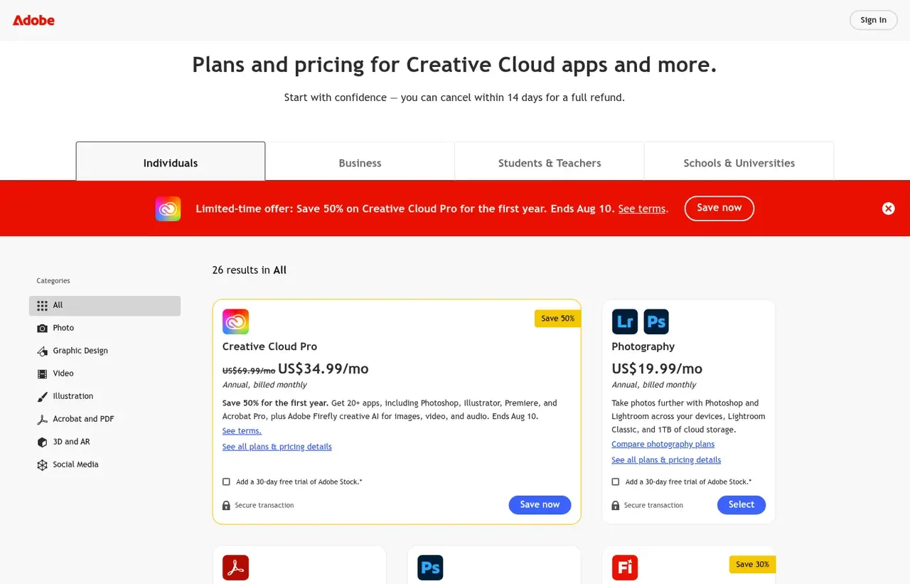Adobe Creative Cloud pricing page, the page the prices we record were read from. Currency shown depends on the visitor's region