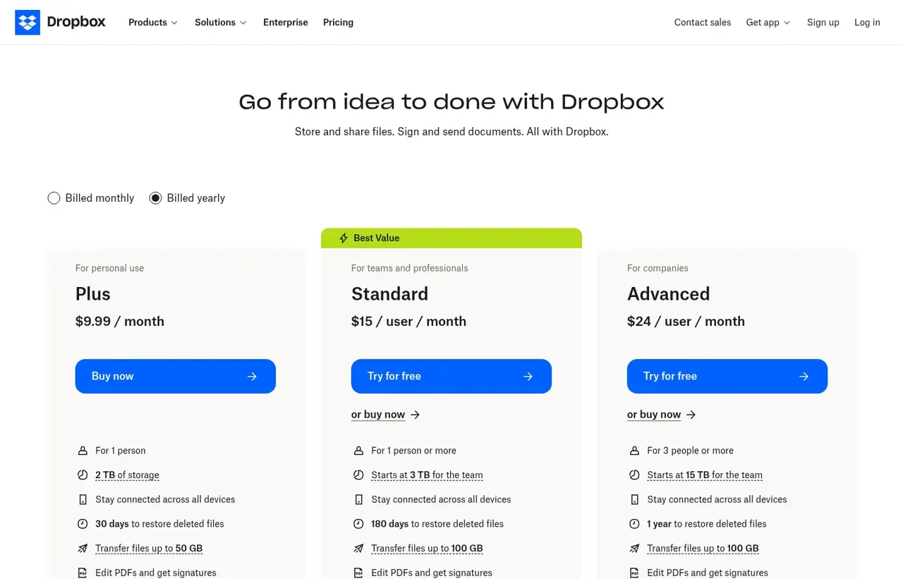 Dropbox pricing page, the page the prices we record were read from. Currency shown depends on the visitor's region