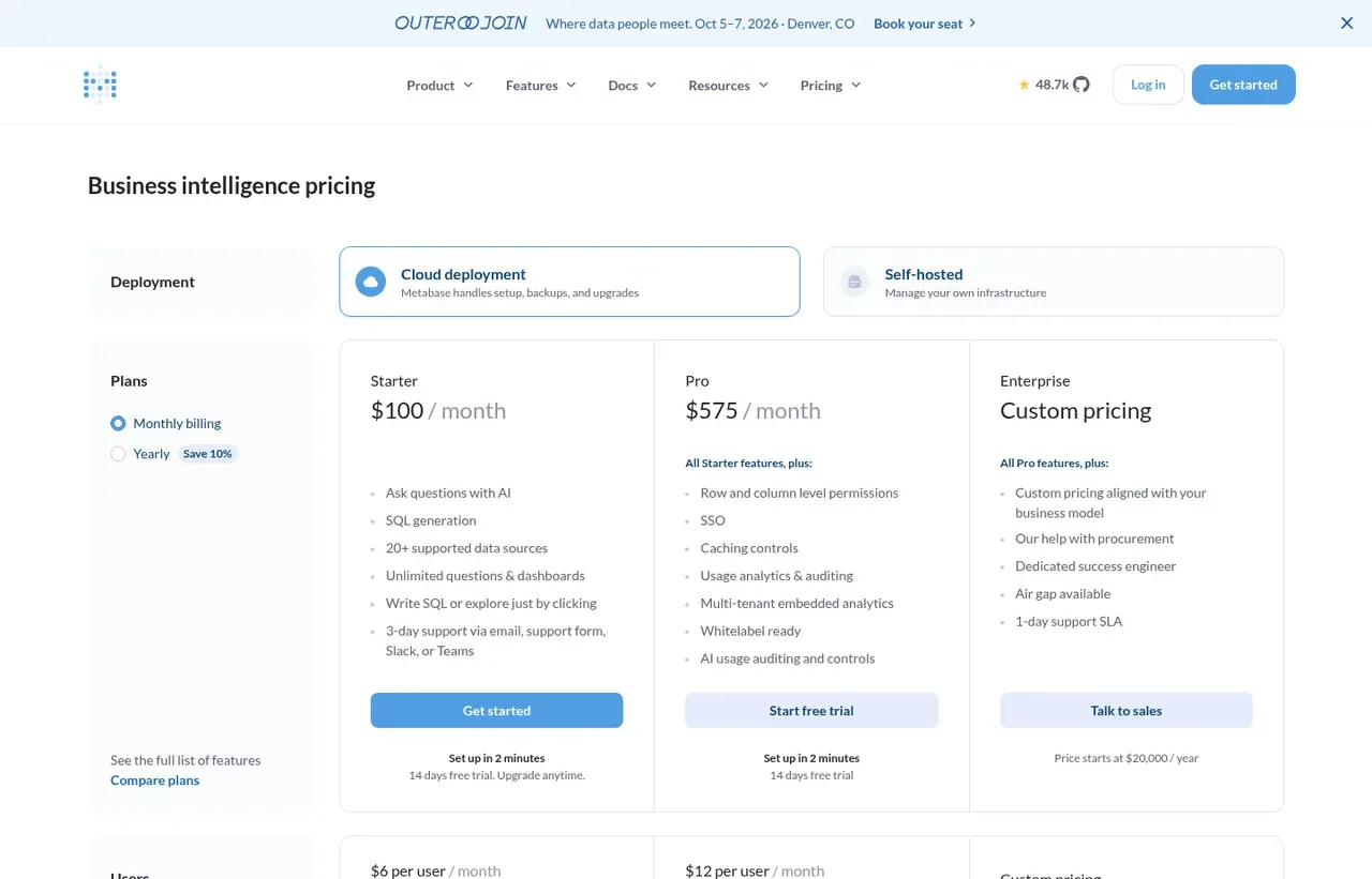 Metabase pricing page, the page the prices we record were read from. Currency shown depends on the visitor's region