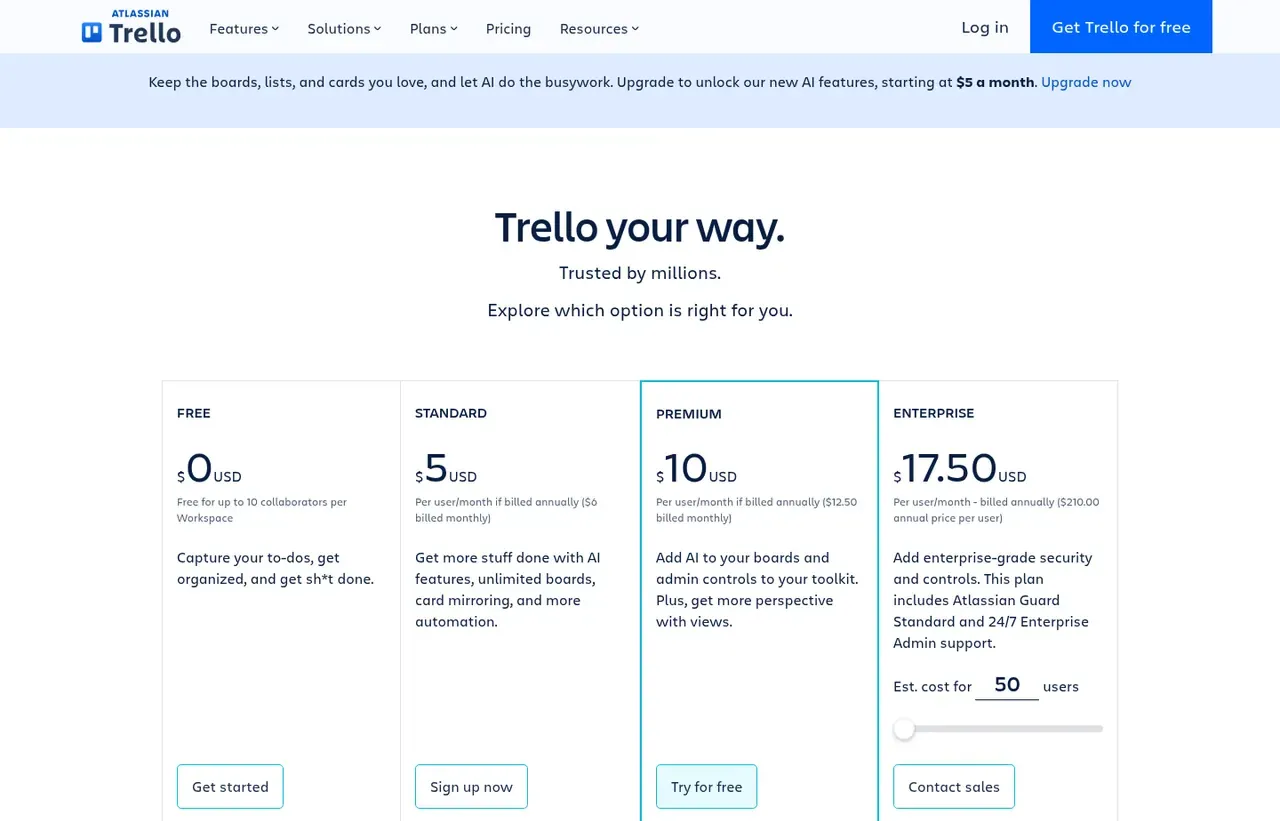 Trello pricing page, the page the prices we record were read from. Currency shown depends on the visitor's region