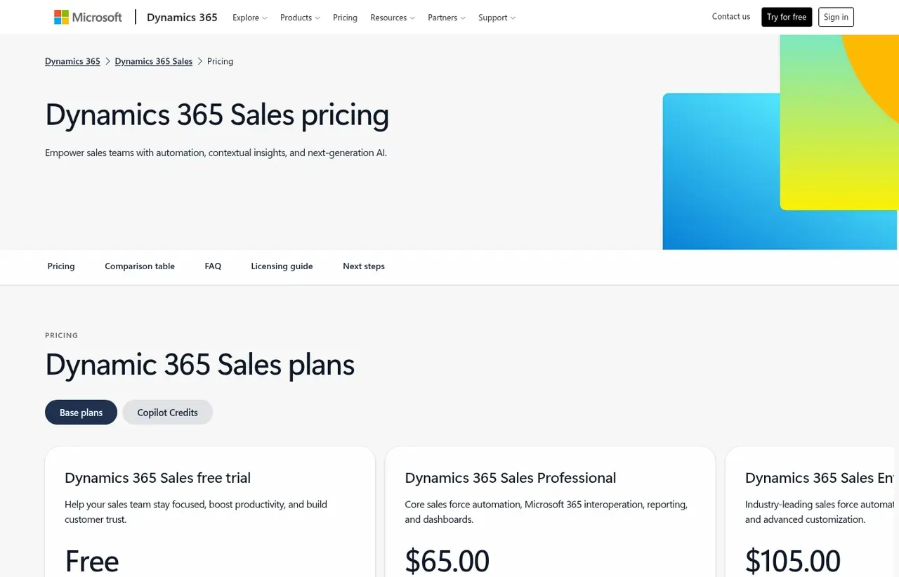 Microsoft Dynamics 365 pricing page, the page the prices we record were read from. Currency shown depends on the visitor's region