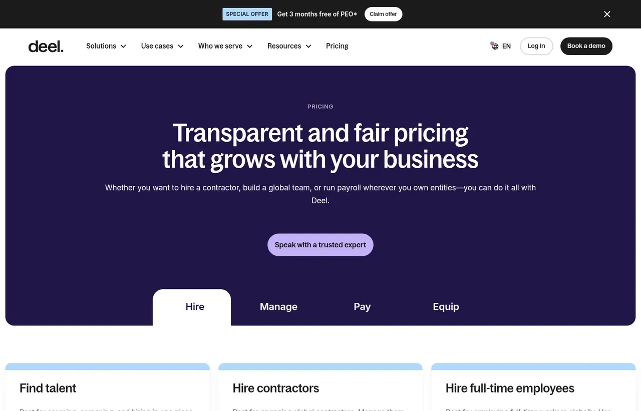Deel pricing page, the page the prices we record were read from. Currency shown depends on the visitor's region