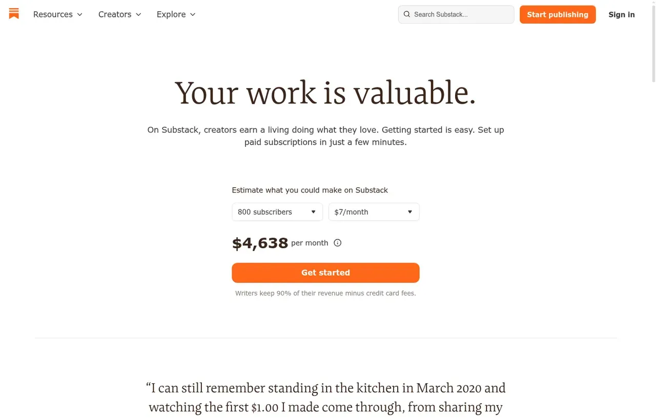 Substack pricing page, the page the prices we record were read from. Currency shown depends on the visitor's region
