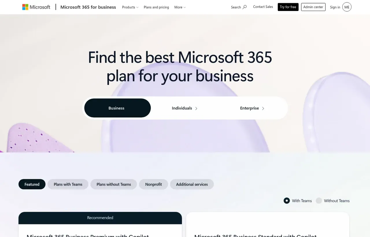 Microsoft 365 pricing page, the page the prices we record were read from. Currency shown depends on the visitor's region