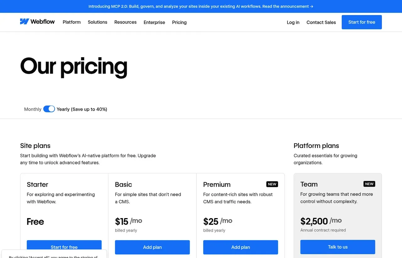 Webflow pricing page, the page the prices we record were read from. Currency shown depends on the visitor's region
