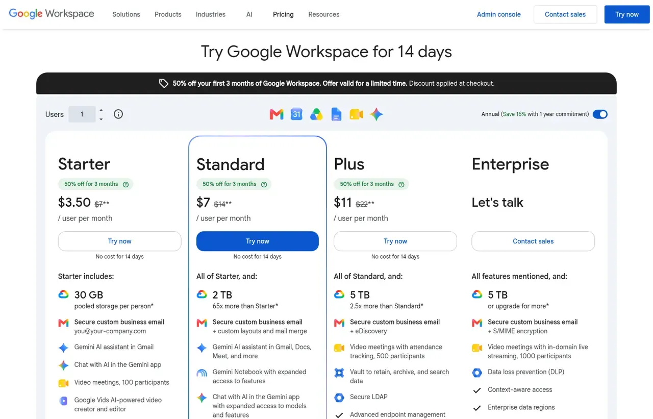 Google Workspace pricing page, the page the prices we record were read from. Currency shown depends on the visitor's region