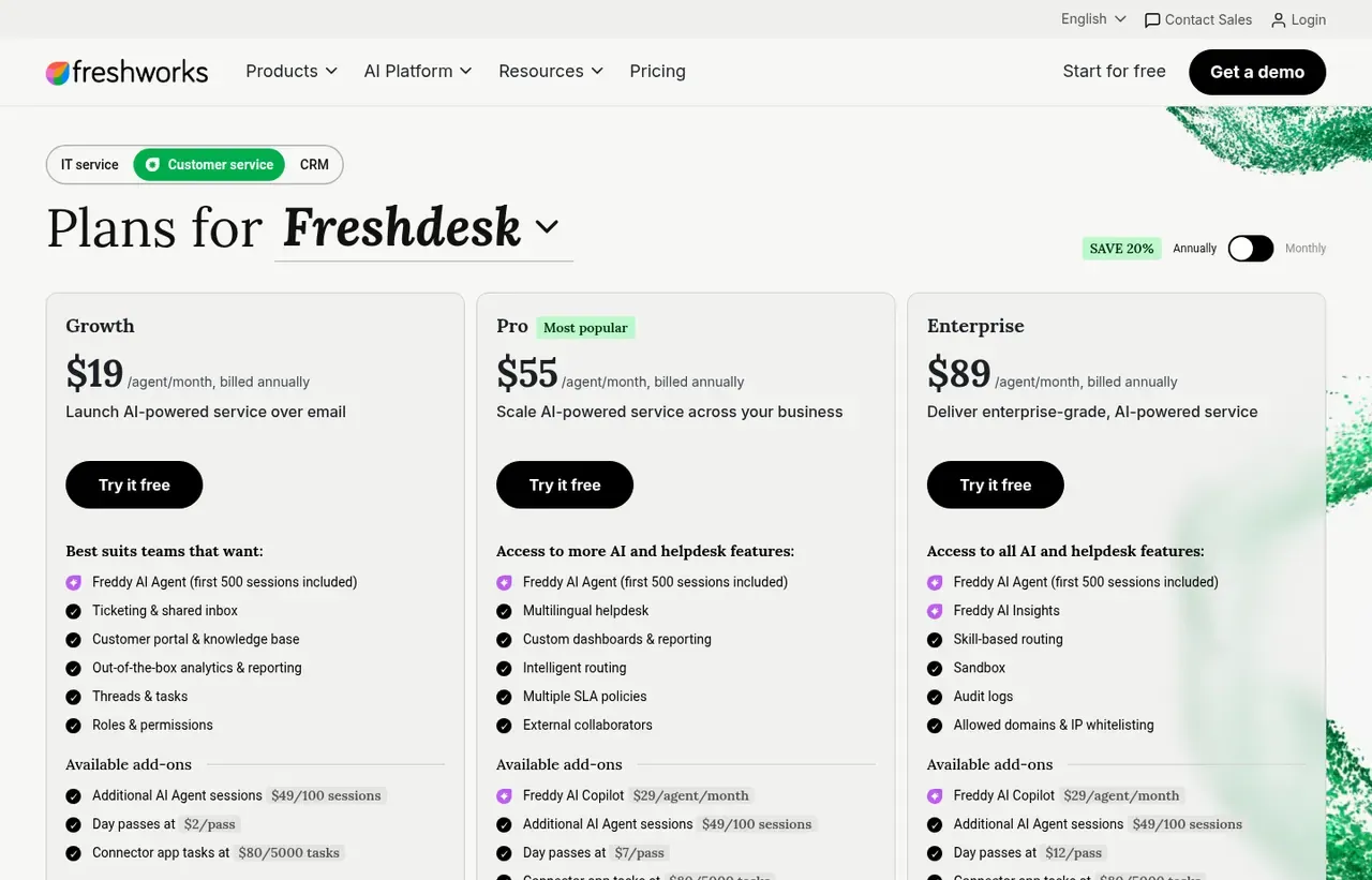 Freshdesk pricing page, the page the prices we record were read from. Currency shown depends on the visitor's region