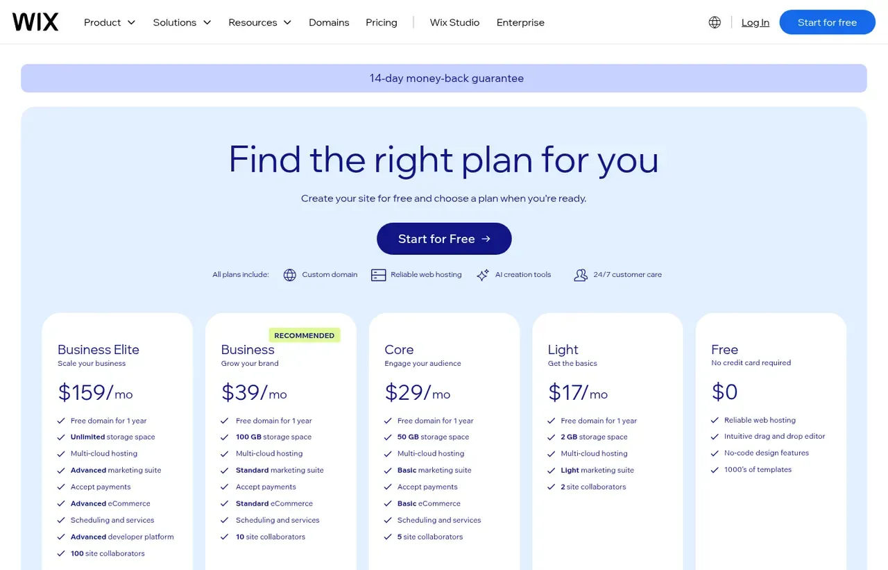 Wix pricing page, the page the prices we record were read from. Currency shown depends on the visitor's region