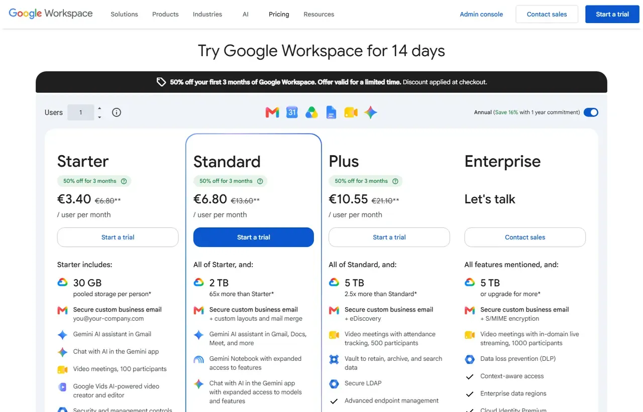 Google Workspace pricing page, the source of the prices recorded on this profile. Currency shown depends on the visitor's region