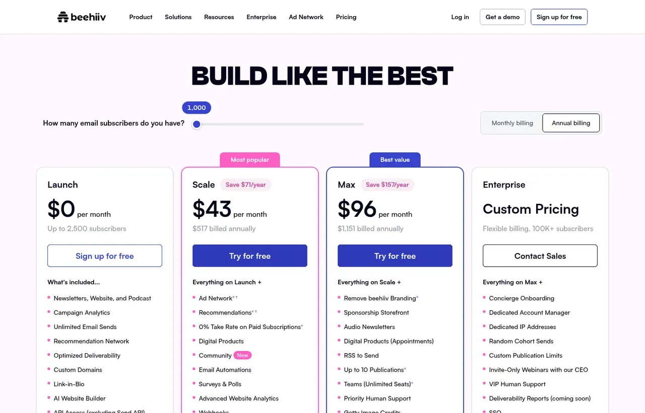 beehiiv pricing page, the page the prices we record were read from. Currency shown depends on the visitor's region