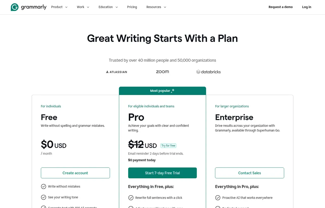Grammarly pricing page, the page the prices we record were read from. Currency shown depends on the visitor's region