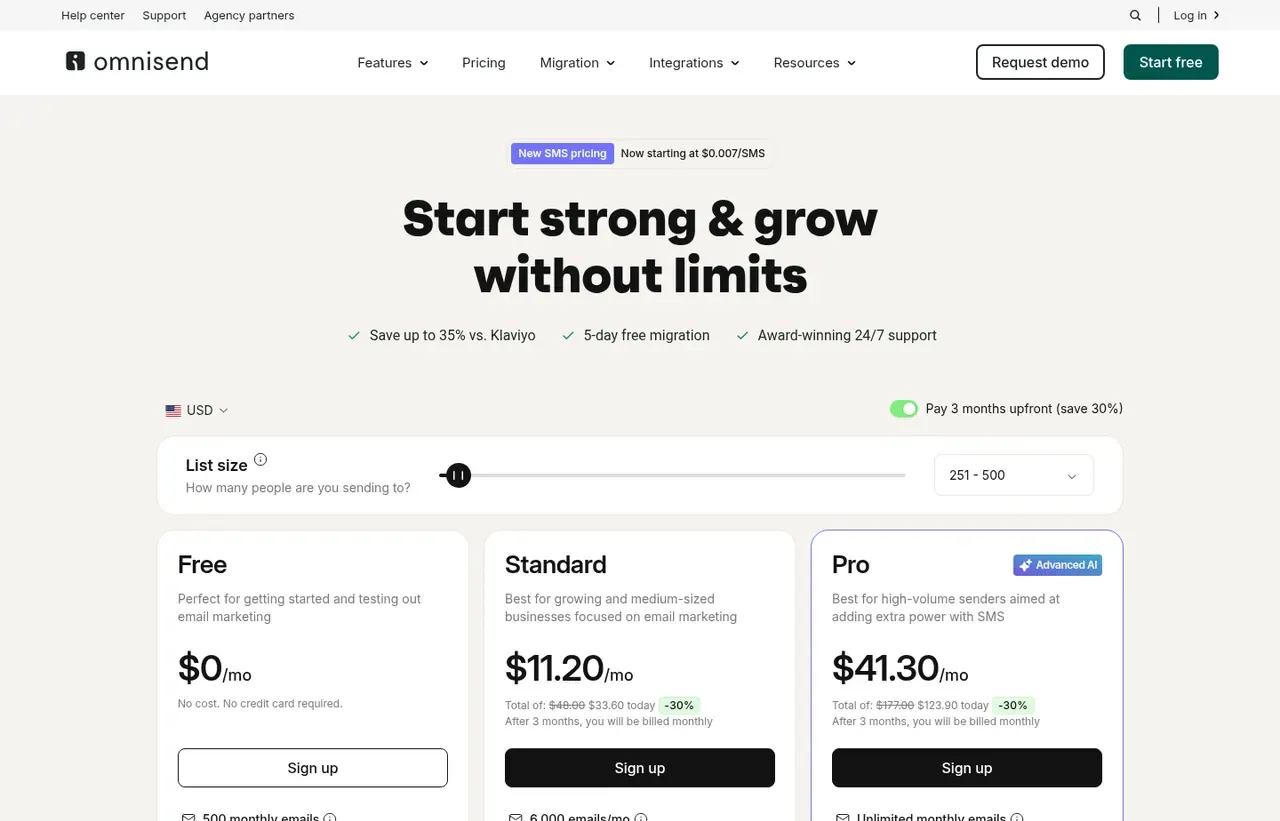 Omnisend pricing page, the page the prices we record were read from. Currency shown depends on the visitor's region