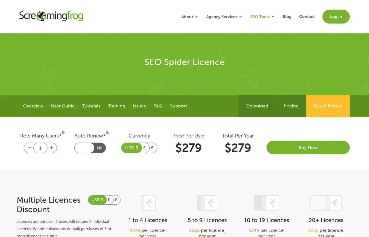 Screaming Frog SEO Spider pricing page, the page the prices we record were read from. Currency shown depends on the visitor's region
