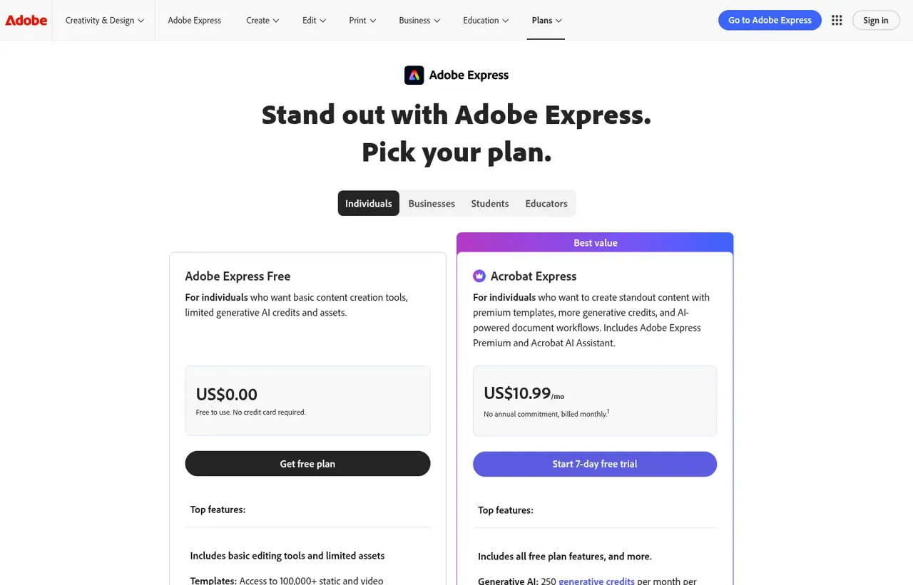 Adobe Express pricing page, the page the prices we record were read from. Currency shown depends on the visitor's region