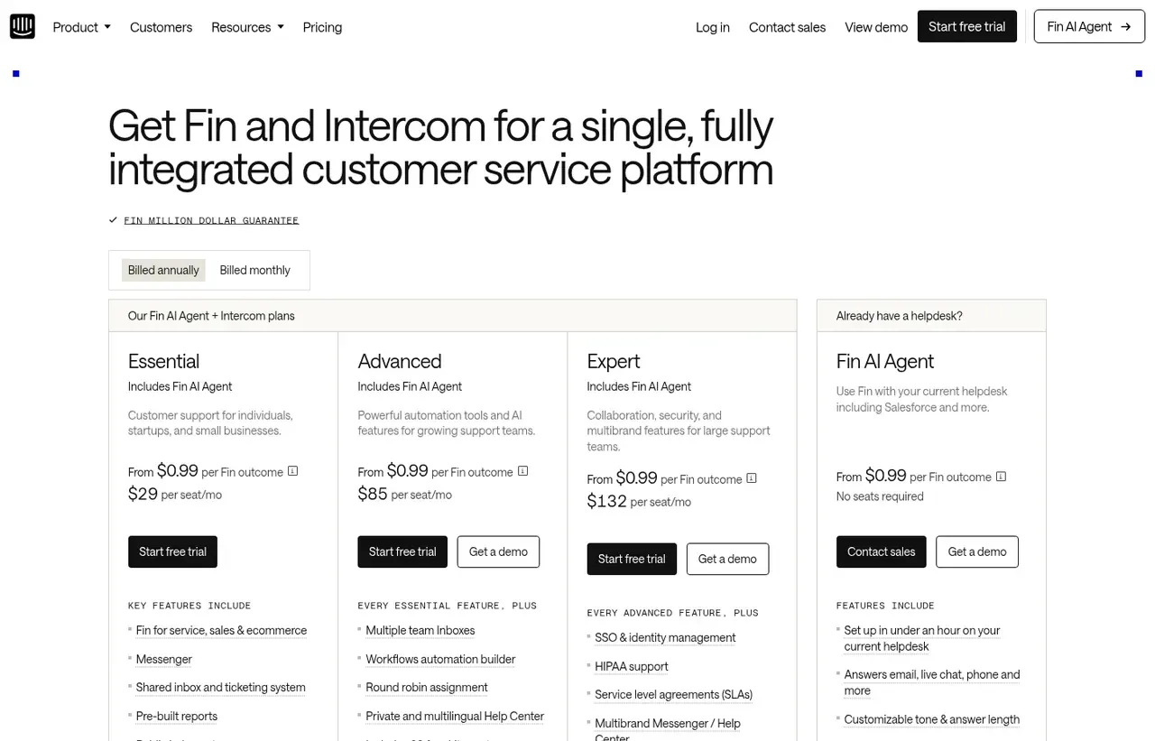 Intercom pricing page, the page the prices we record were read from. Currency shown depends on the visitor's region