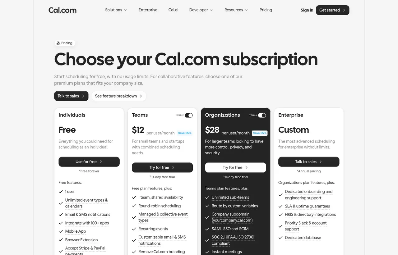 Cal.com pricing page, the page the prices we record were read from. Currency shown depends on the visitor's region