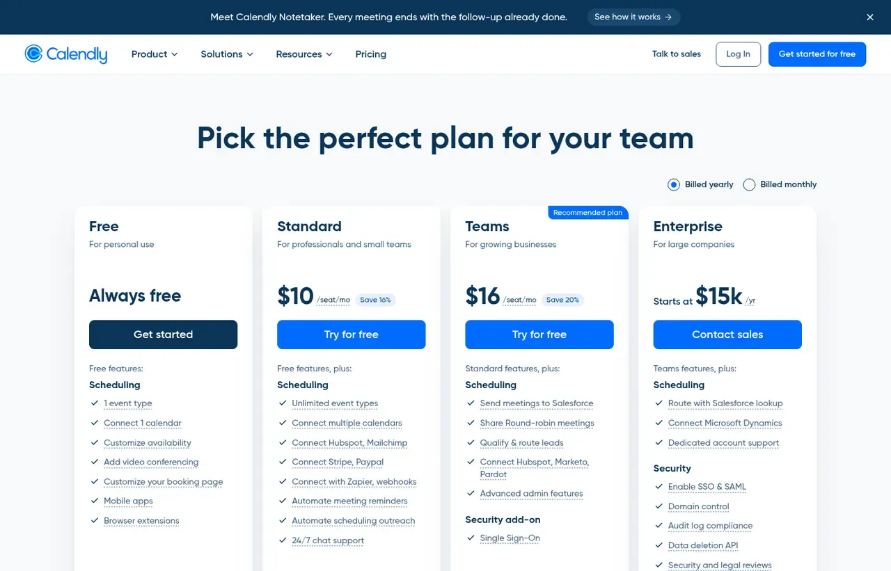 Calendly pricing page, the page the prices we record were read from. Currency shown depends on the visitor's region