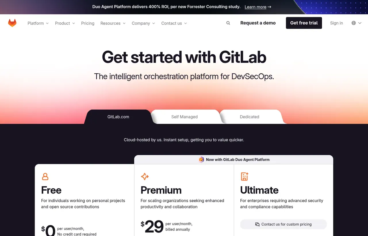GitLab pricing page, the page the prices we record were read from. Currency shown depends on the visitor's region