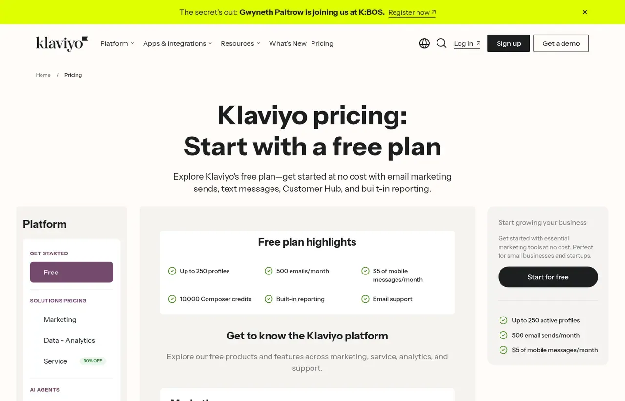 Klaviyo pricing page, the page the prices we record were read from. Currency shown depends on the visitor's region