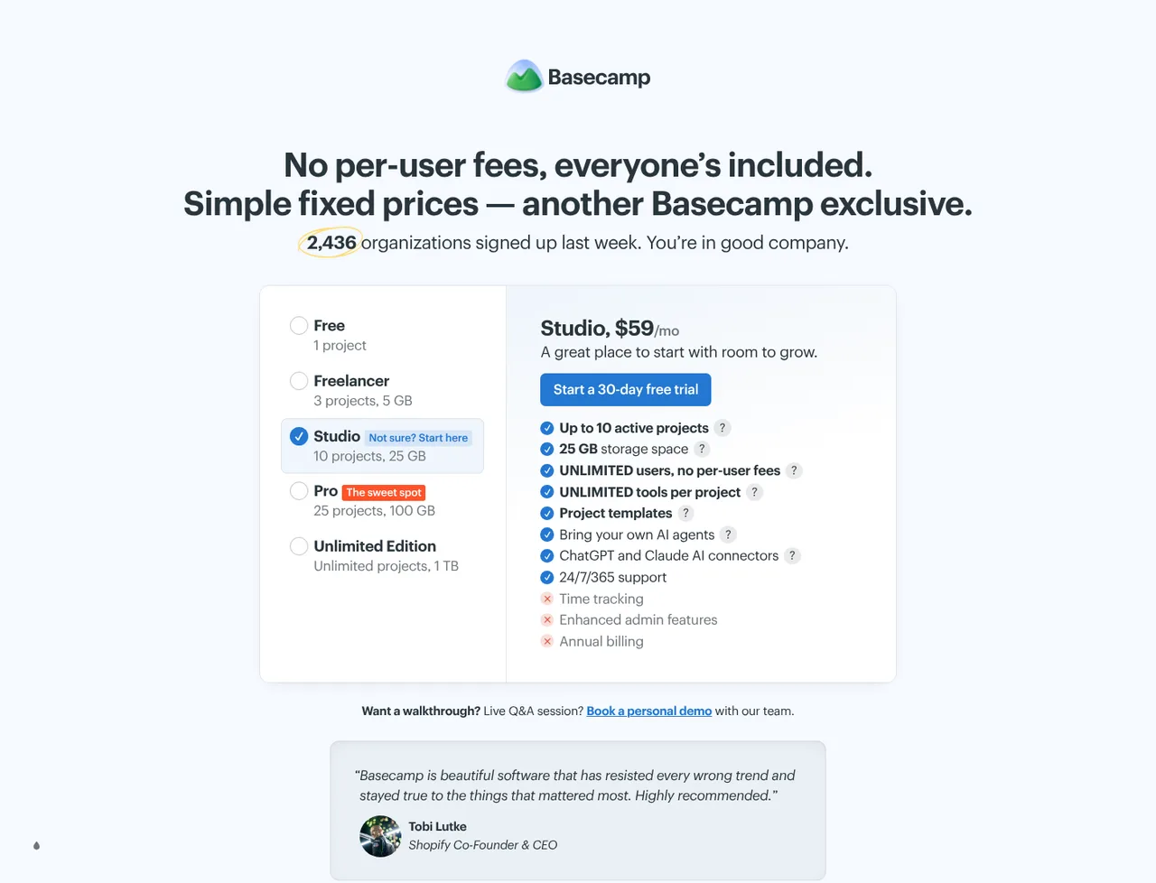 Basecamp pricing page, showing the published plans and prices recorded on this page