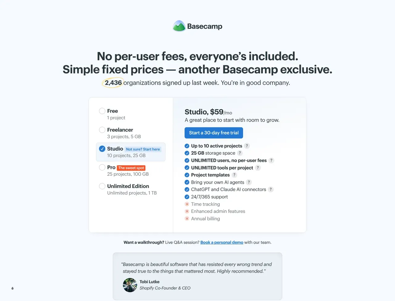 Basecamp pricing page, the page the prices we record were read from. Currency shown depends on the visitor's region
