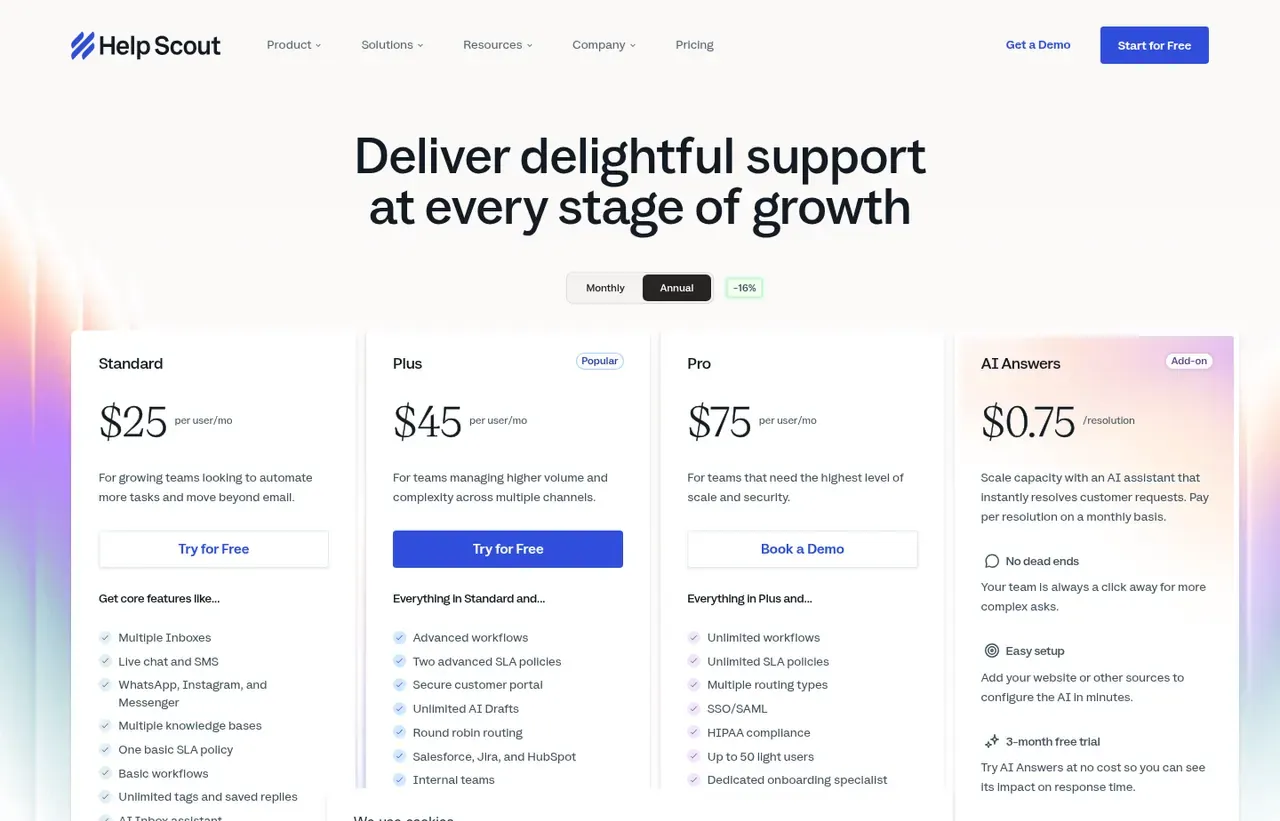 Help Scout pricing page, the page the prices we record were read from. Currency shown depends on the visitor's region