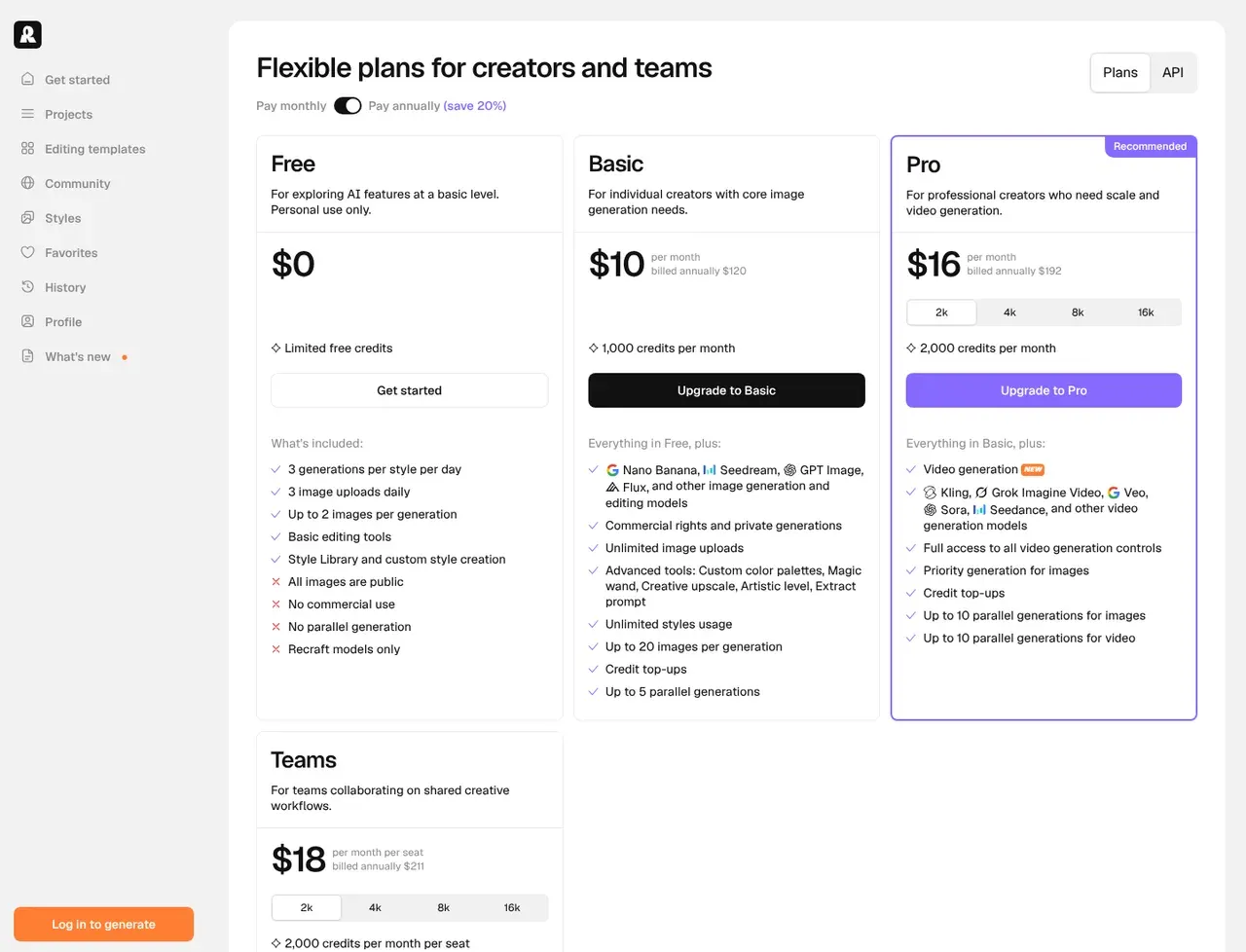 Recraft pricing page, the page the prices we record were read from. Currency shown depends on the visitor's region
