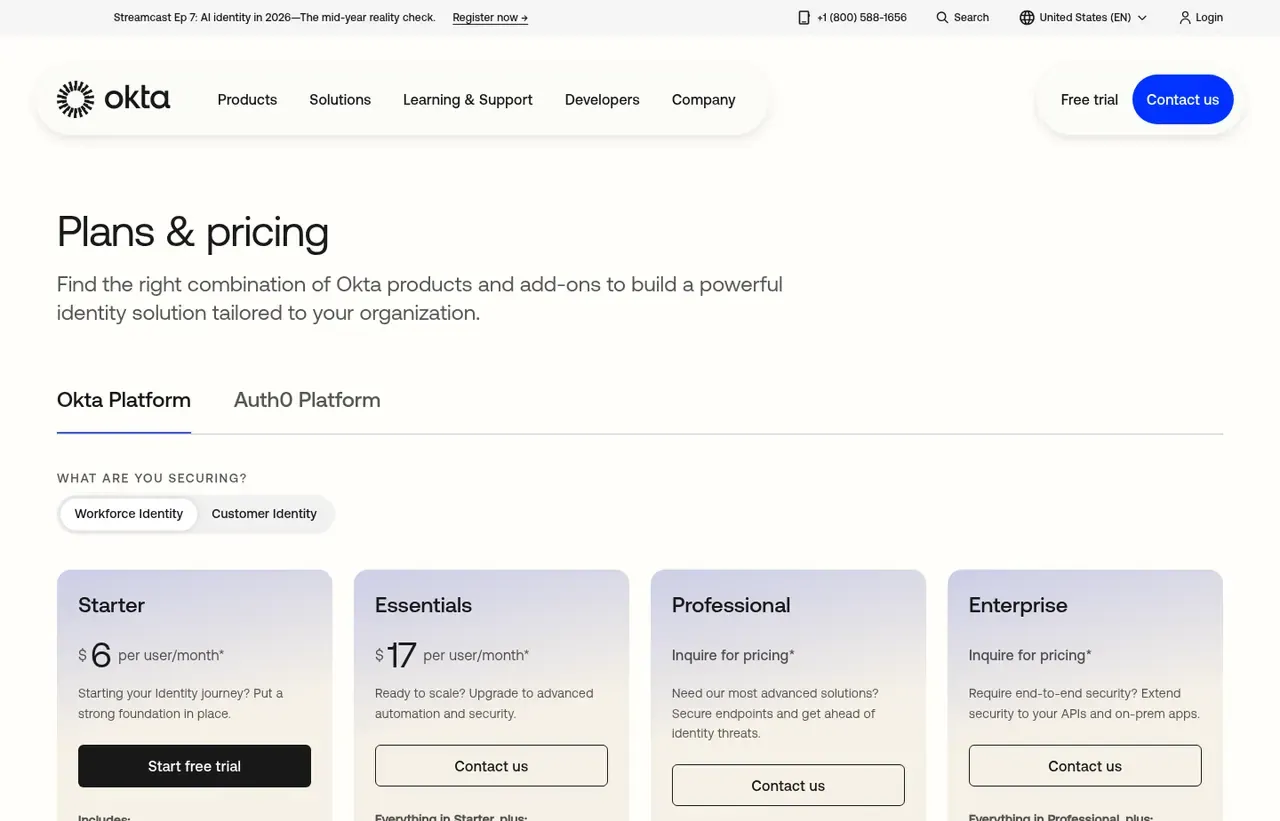 Okta pricing page, the page the prices we record were read from. Currency shown depends on the visitor's region