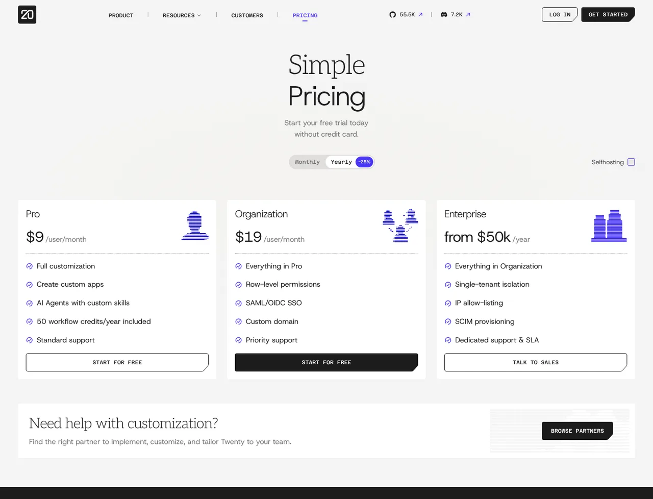 Twenty pricing page, showing the published plans and prices recorded on this page