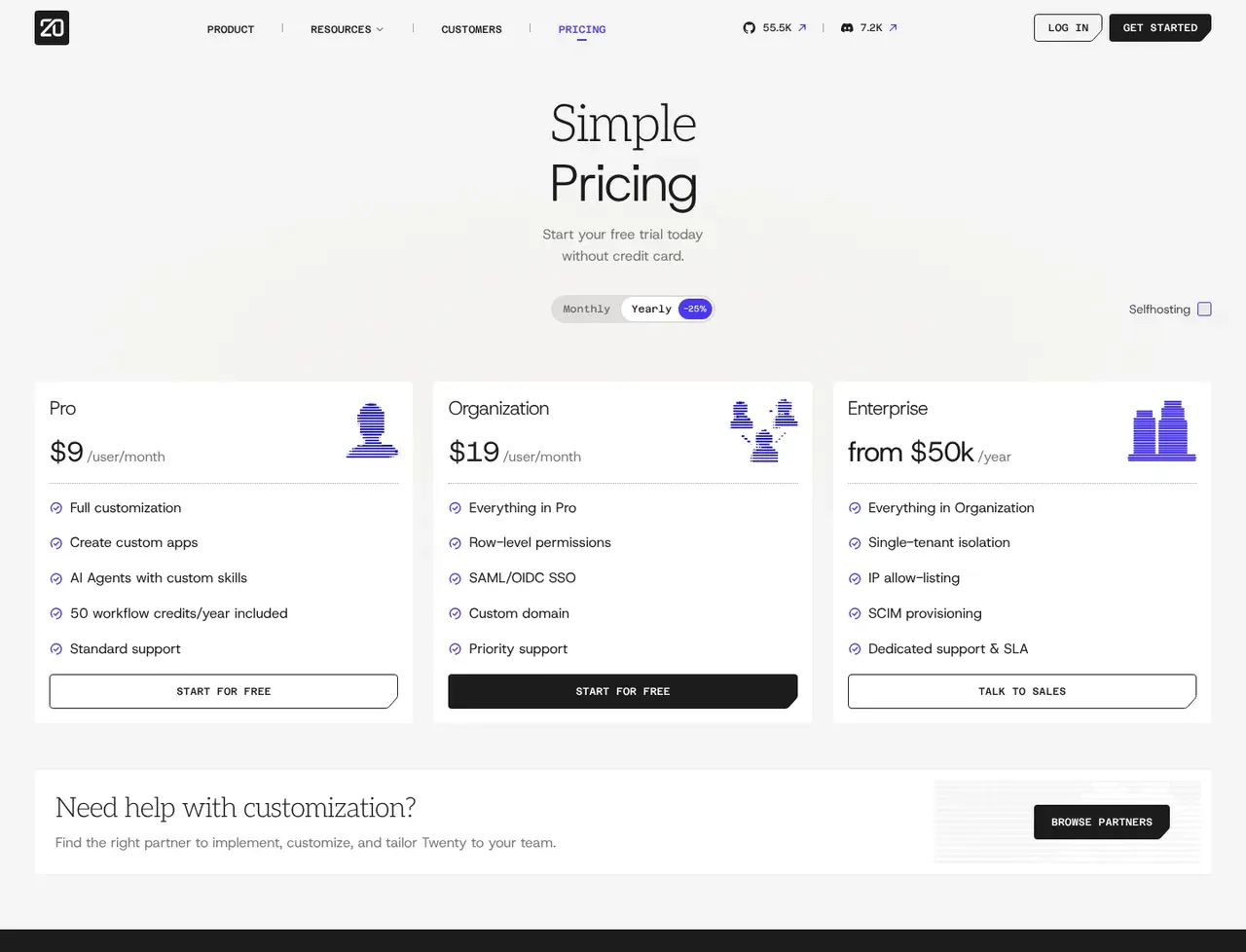 Twenty pricing page, the page the prices we record were read from. Currency shown depends on the visitor's region