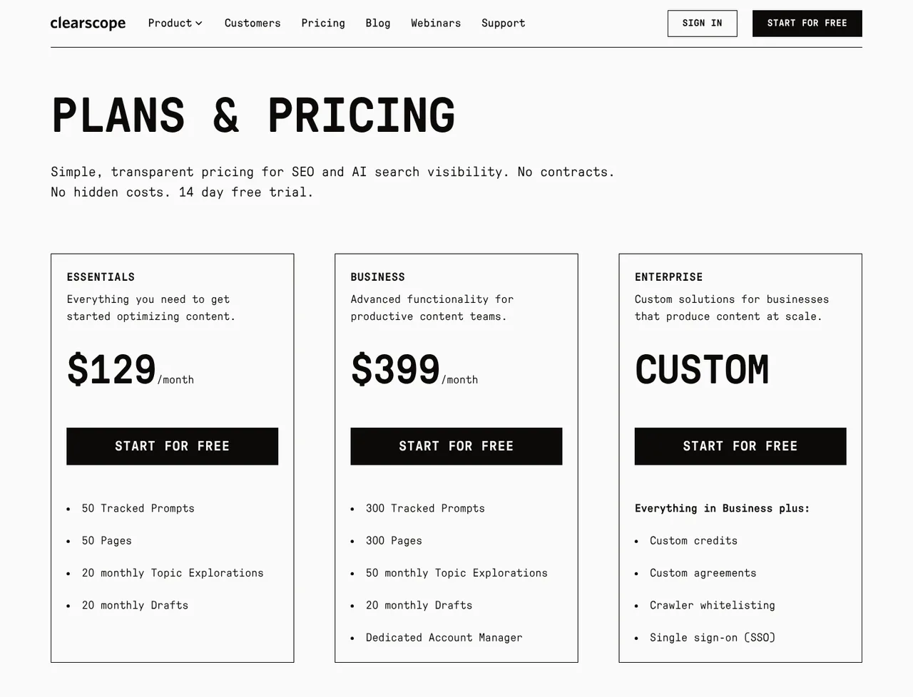 Clearscope pricing page, showing the published plans and prices recorded on this page