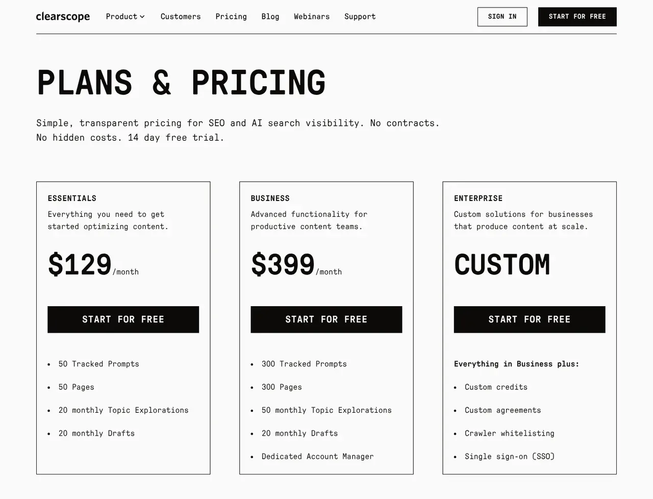 Clearscope pricing page, the page the prices we record were read from. Currency shown depends on the visitor's region