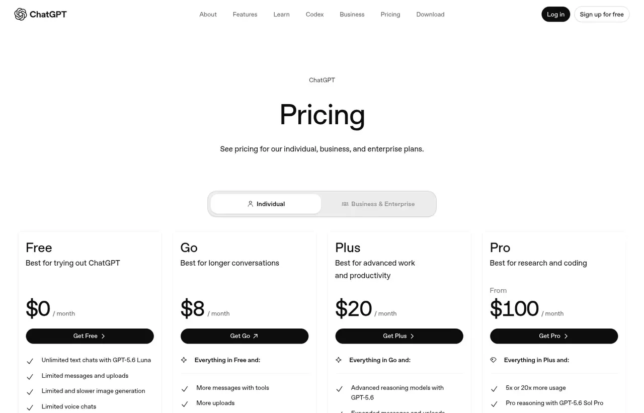 ChatGPT pricing page, the page the prices we record were read from. Currency shown depends on the visitor's region