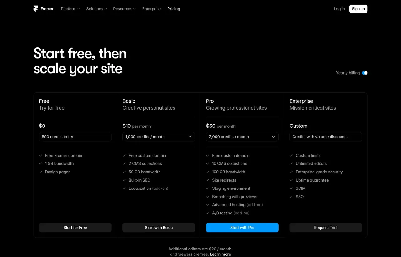 Framer pricing page, the page the prices we record were read from. Currency shown depends on the visitor's region