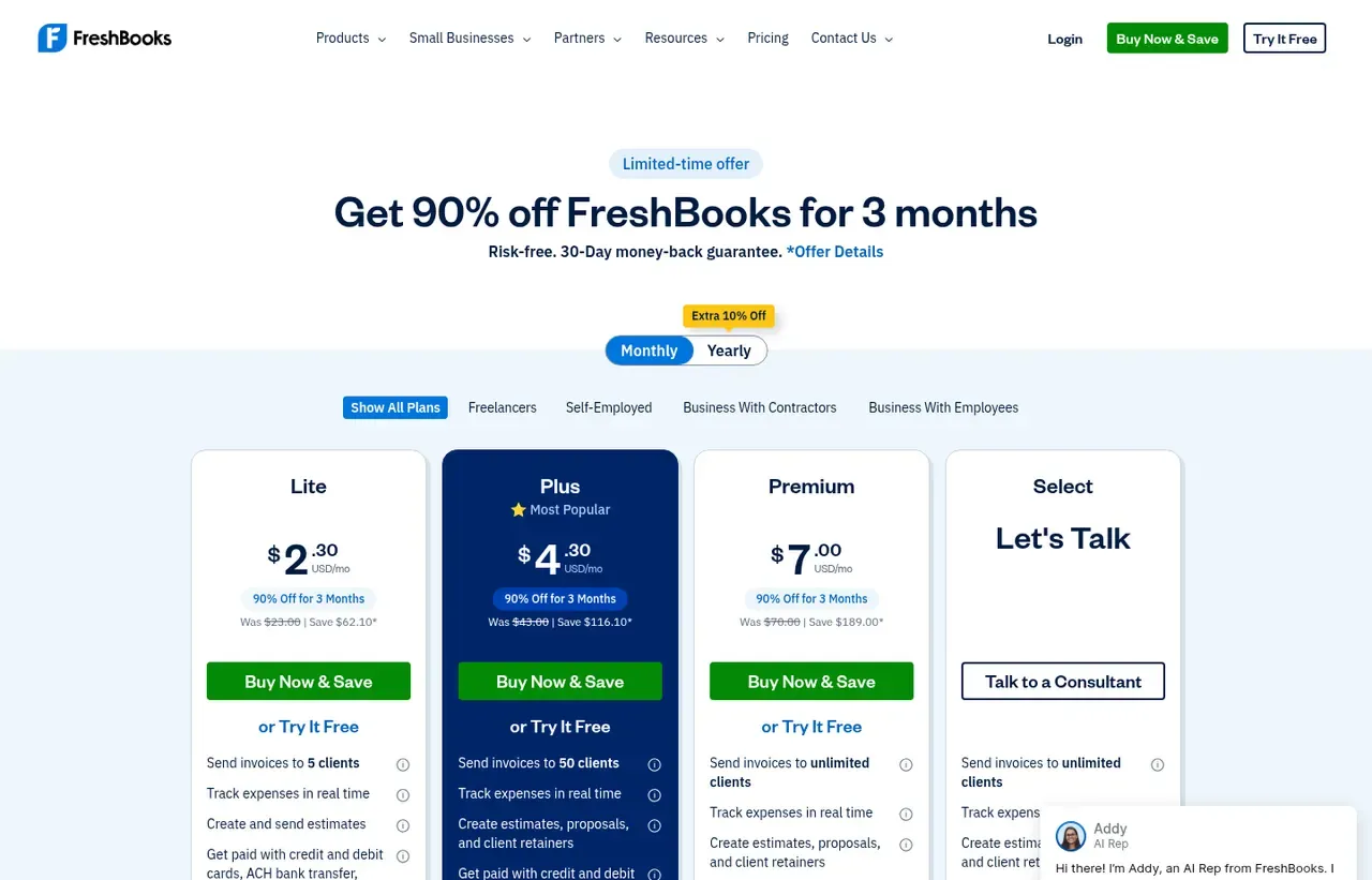 FreshBooks pricing page, the page the prices we record were read from. Currency shown depends on the visitor's region