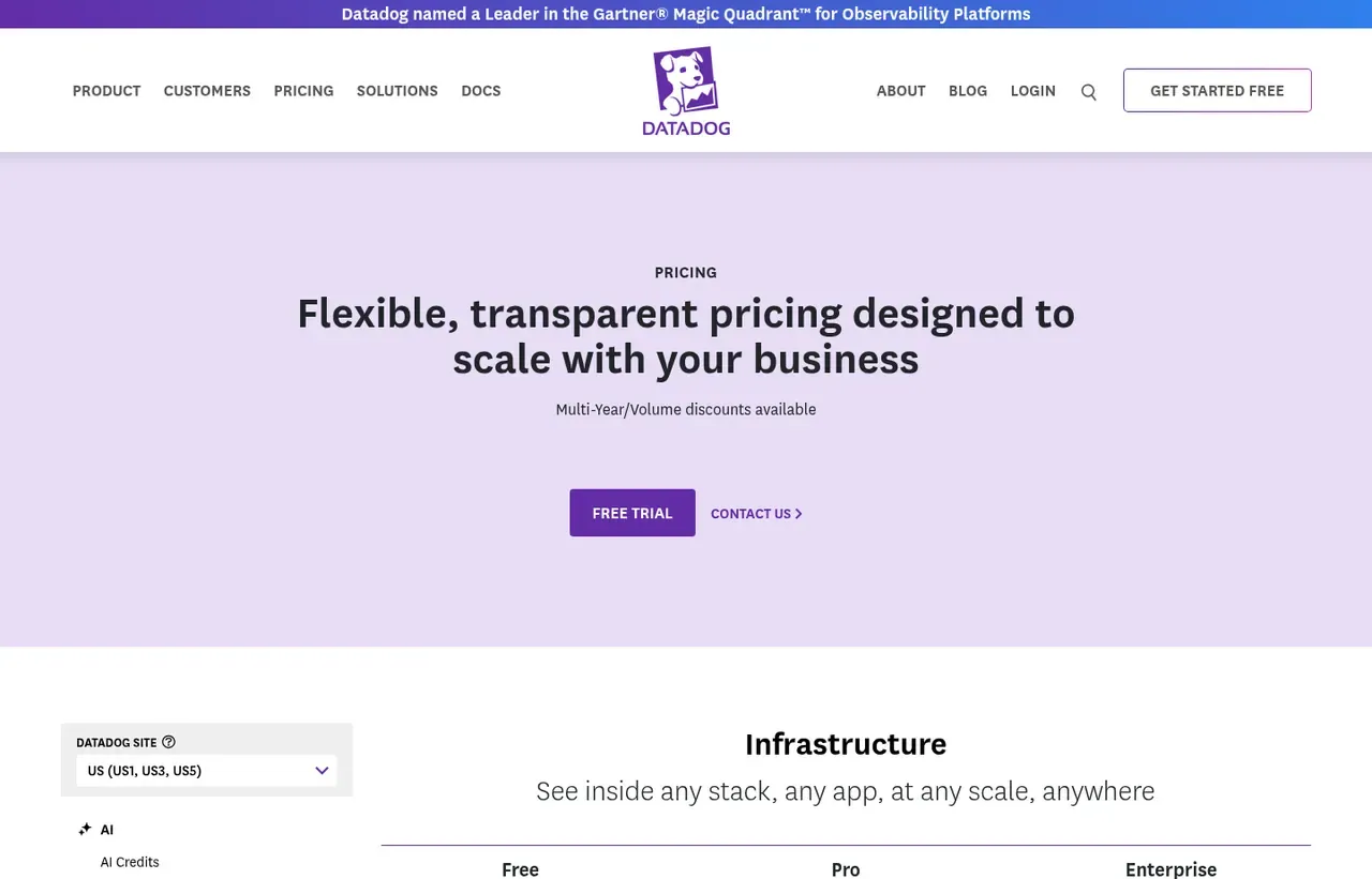 Datadog pricing page, the page the prices we record were read from. Currency shown depends on the visitor's region