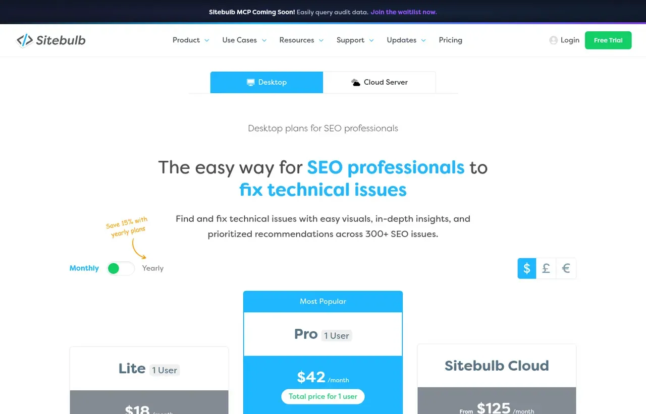Sitebulb pricing page, the page the prices we record were read from. Currency shown depends on the visitor's region