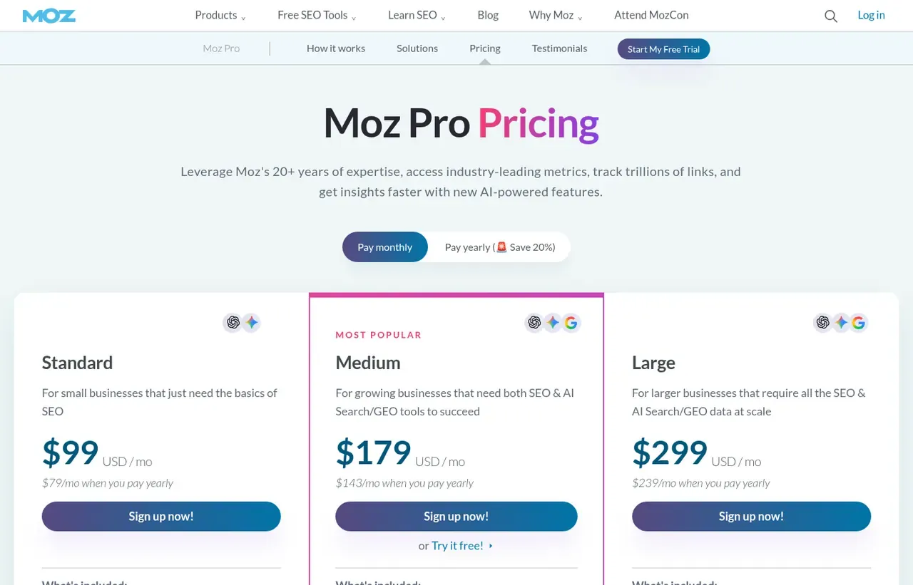 Moz Pro pricing page, the page the prices we record were read from. Currency shown depends on the visitor's region