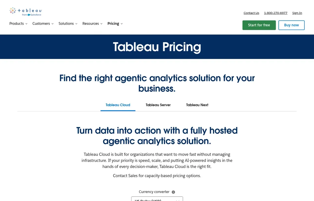 Tableau pricing page, the page the prices we record were read from. Currency shown depends on the visitor's region