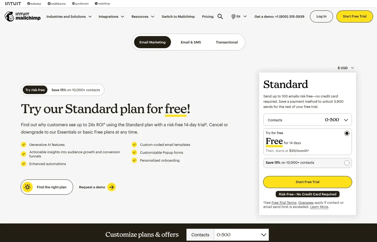 Mailchimp pricing page, the page the prices we record were read from. Currency shown depends on the visitor's region