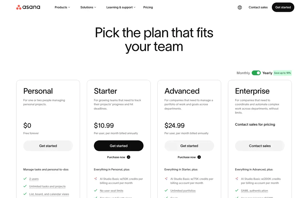 Asana pricing page, the page the prices we record were read from. Currency shown depends on the visitor's region