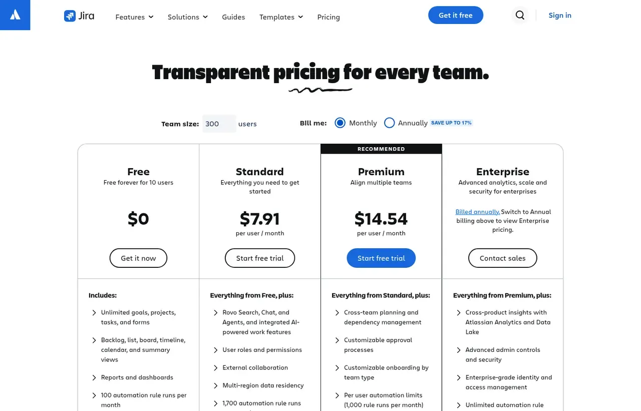 Jira pricing page, the page the prices we record were read from. Currency shown depends on the visitor's region