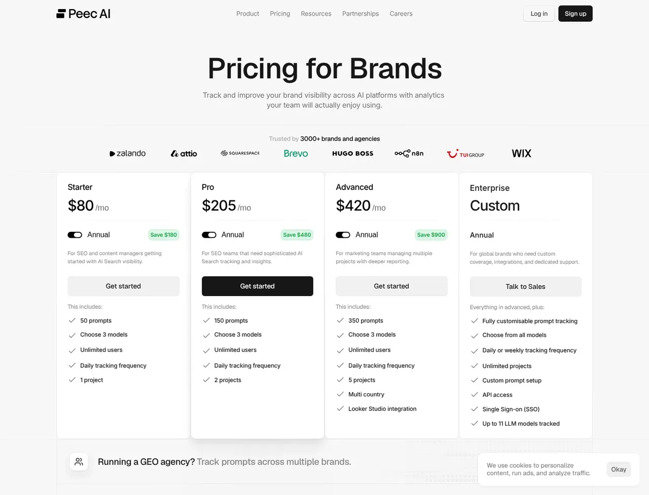 Peec AI pricing page, the page the prices we record were read from. Currency shown depends on the visitor's region