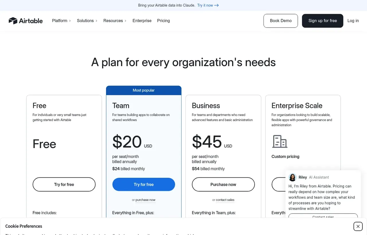 Airtable pricing page, the page the prices we record were read from. Currency shown depends on the visitor's region