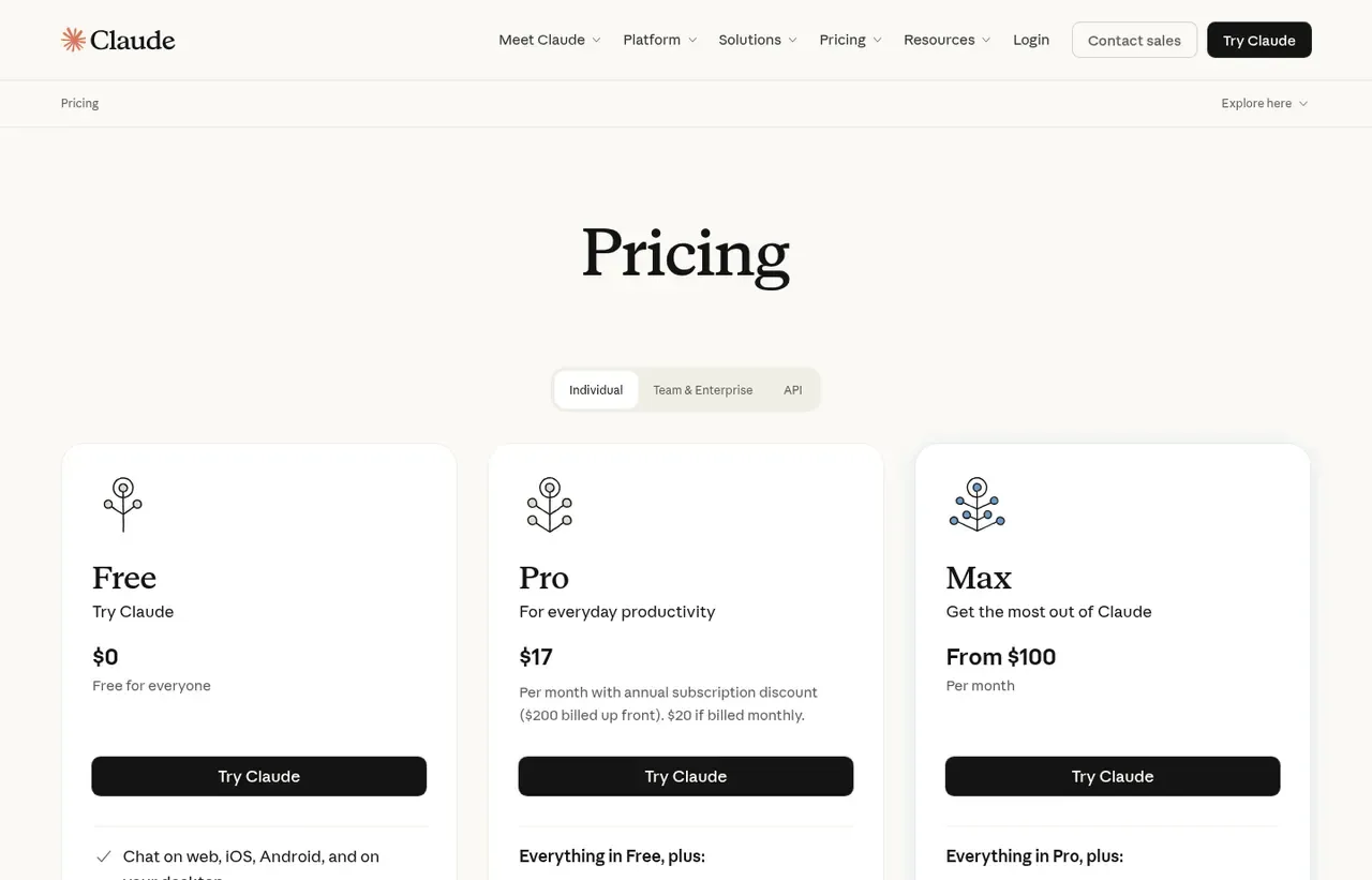 Claude pricing page, the page the prices we record were read from. Currency shown depends on the visitor's region