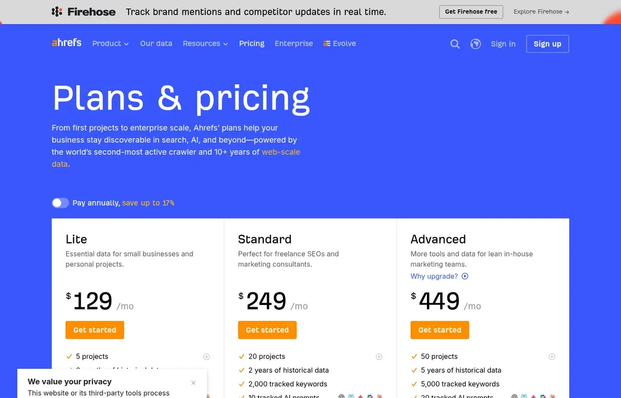 Ahrefs pricing page, the page the prices we record were read from. Currency shown depends on the visitor's region