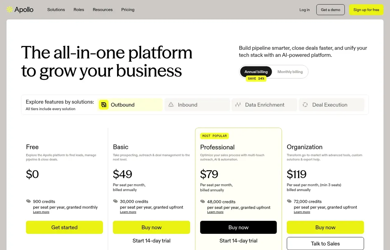 Apollo.io pricing page, the page the prices we record were read from. Currency shown depends on the visitor's region