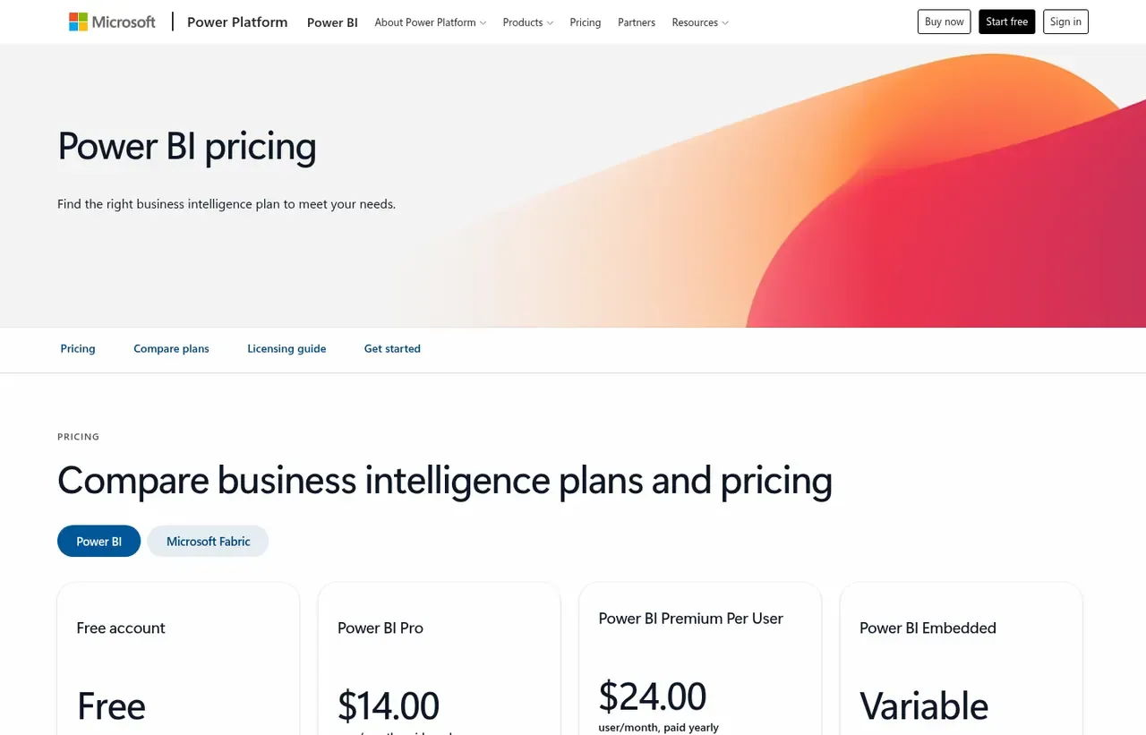 Microsoft Power BI pricing page, the page the prices we record were read from. Currency shown depends on the visitor's region