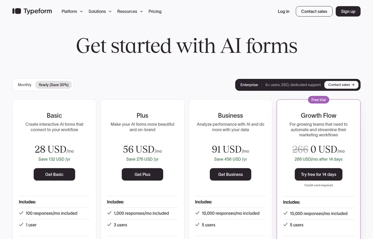 Typeform pricing page, the page the prices we record were read from. Currency shown depends on the visitor's region