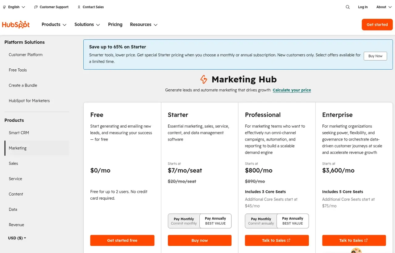 HubSpot pricing page, the page the prices we record were read from. Currency shown depends on the visitor's region
